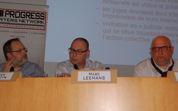 Olivier Valentin (ACLVB), Marc Leemans (ACV), Rudy De Leeuw (ABVV) over het stakingsrecht (© Mieke Van Dessel)