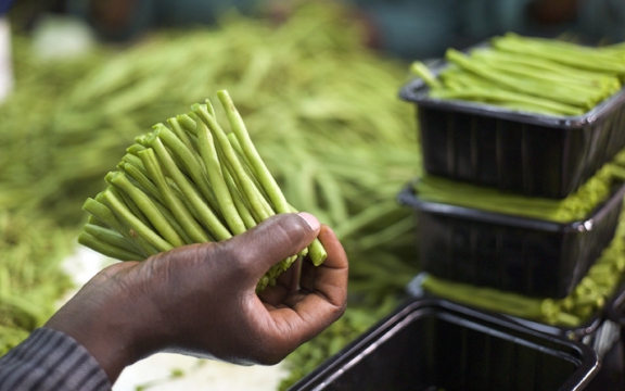 Een slechtbetaald seizoenarbeider in Kenya verpakt boontjes, die dezelfde dag nog op het vliegtuig naar Europa gaan, waar ze de volgende dag in de schappen van de supermarkten liggen. Met SDG12 wil de VN deze manier van werken drastisch verandere