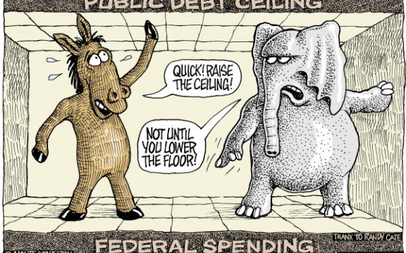'Snel, verhoog het plafond (openbare schuld)' 'Pas als je de vloer verlaagt (openbare uitgaven)'. De ezel en de olifant zijn de symbolen van de Democraten en de Republikeinen