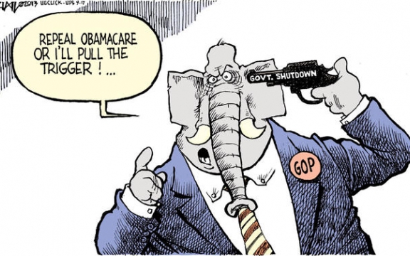 Trek Obamacare in of ik haal de trekker over! (de olifant is het symbool van de Republikeinse Partij, GOP = Grand Ole Party, de koosnaam van de Republikeinen)