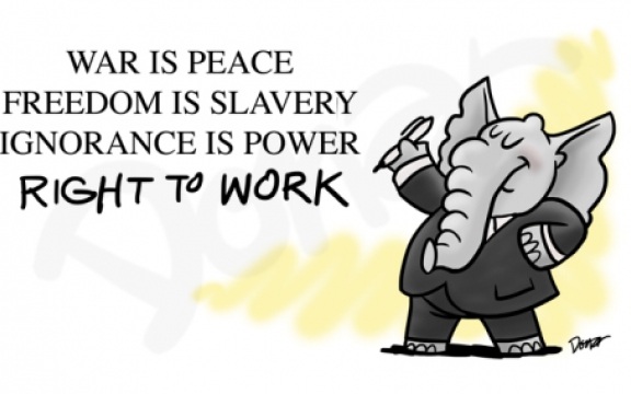 Oorlog is Vrede. Vrijheid is Slavernij. Onwetendheid is Macht (1984, George Orwell). Recht op werken. (de olifant is het symbool van de Republikeinse Partij)