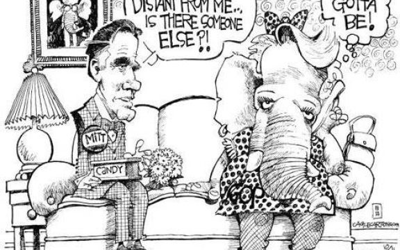 Romney: 'Schatje, je lijkt zo afstandelijk. Is er een ander? Zij: 'Dat zou toch moeten'. De olifant is het symbool van de Republikeinse Partij of Grand Ole Party GOP