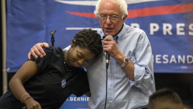 Bernie Sanders in het begin van de campagne, toen hij 6 procent scoorde in de peilingen, hier in Des Moines, Idaho