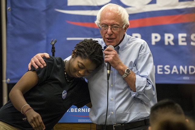 Bernie Sanders in het begin van de campagne, toen hij 6 procent scoorde in de peilingen, hier in Des Moines, Idaho