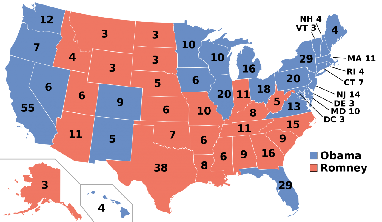 Zetels van het presidentieel kiescollege per staat in 2012