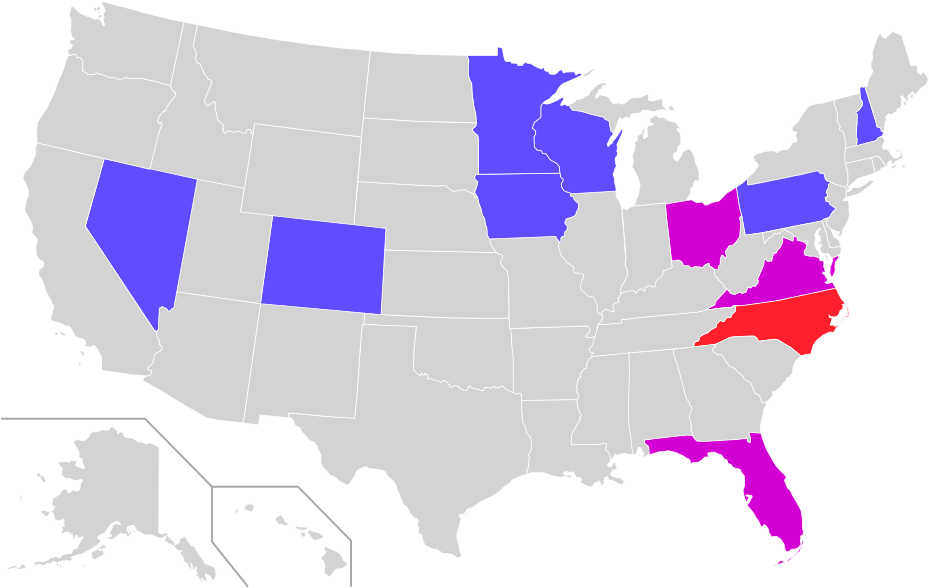 In 2012 waren dit de enige staten van de VS waar de uitslag van de presidentsverkiezingen onzeker was