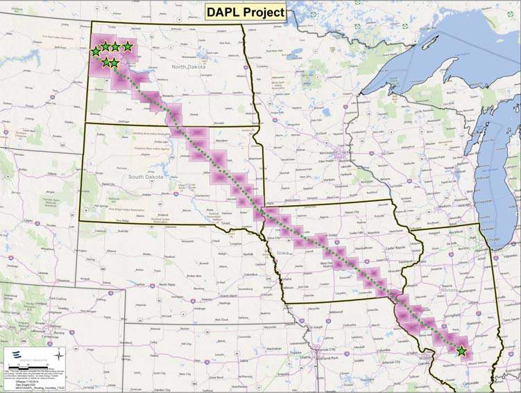 De Dakota Access Pipeline is 1886 km lang en doorkruist de staten North Dakota, South Dakota, Missouri en Illinois