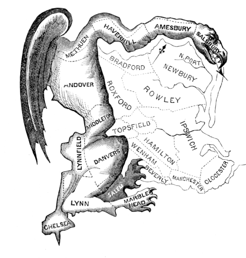 Deze cartoon van een salamander werd in 1812 getekend op de hertekende map van een kiesdistrict in Boston, op bevel van gouverneur Gerry, waarna deze praktijk 'gerrymandering' werd genoemd
