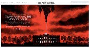 The New Yorker op zijn website voor een artikel over de dreiging van Poetin en Rusland. Een orthodoxe kerk hangt als een satelliet boven het Witte Huis onder een bloedrode hemel. Geïnspireerd door de filmaffiche van Independence Day. Journalistiek of propaganda