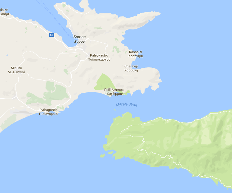Samos, linksboven op de map, een van de vele Griekse eilanden, ligt op minder dan twee kilometer van de Turkse kust