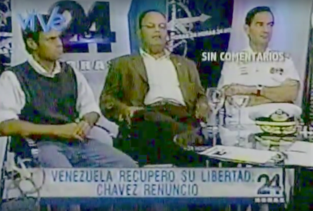 Leopoldo López neemt deel aan een 'debat' tijdens de staatsgreep van 2002