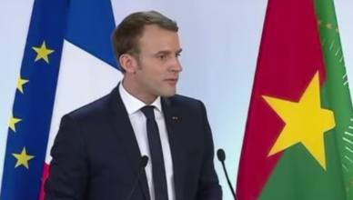 President Macron tijdens zijn toespraak in Ouagadougou