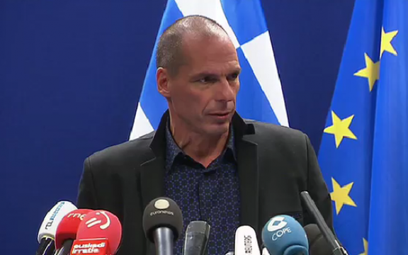 Grieks minister van Financiën Yanis Varoufakis tijdens zijn persconferentie op 16 februari 2015 omstreeks 20.30 uur in Brussel, na de vergadering van de Eurogroep