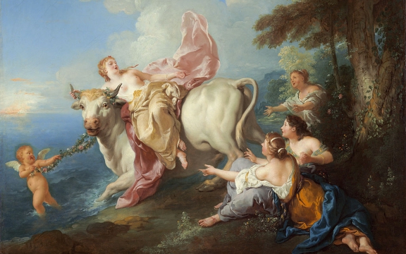 De ontvoering van de Griekse godin Europa, schilderij van Jean François de Troy (1679 - 1752 ). Zeus liet haar ontvoeren op een stier. De stier is sinds de jaren 1930 een symbool van het Wall Street-kapitalisme...