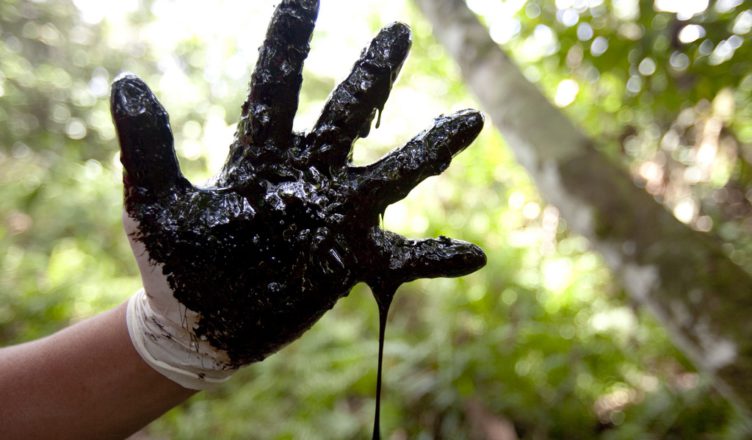 Ruwe olie uit één van de honderden verlaten putten van Chevron (voorheen Texaco), in het Ecuadoraanse regenwoud.