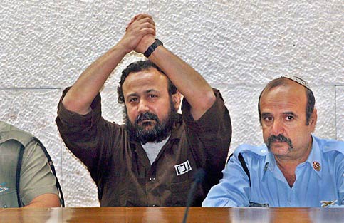 Marwan Barghouti tijdens zijn proces op 3 april 2003
