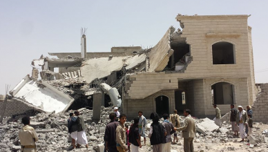 Een vernietigd huis in het zuiden van Sana'a, de hoofdstad van Jemen.